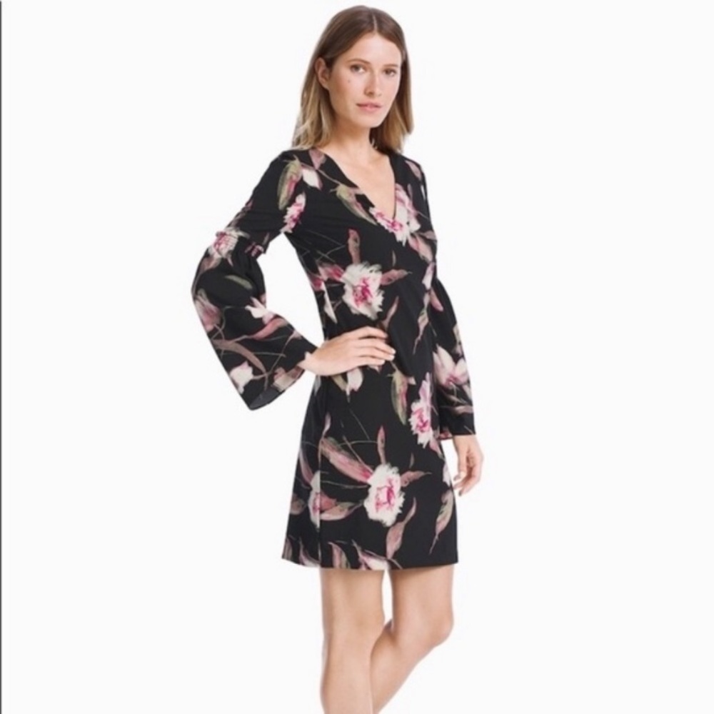 WHBM Dress Bell Long Sleeve Floral Cherry Blossom Black Pink Wedding Lined V Nec